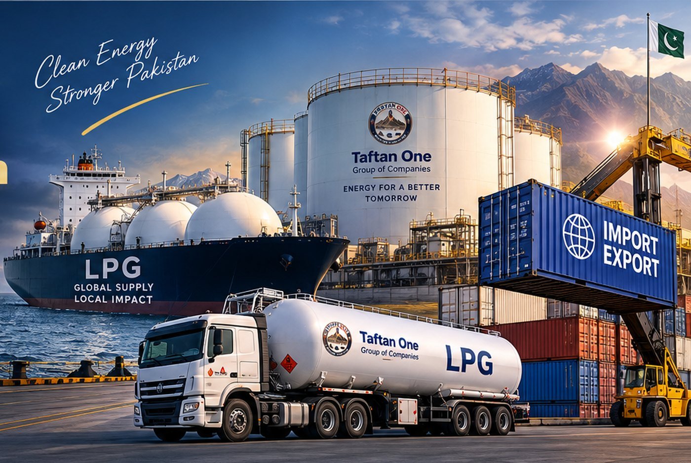 LPG carrier ship, Taftan One storage tanks, LPG bowser and import-export containers at port